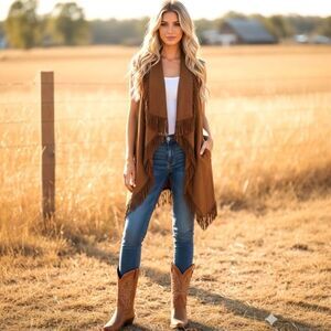 TCEC Women’s Large Asymmetric Brown Faux Suede Western Fringe Boho Vest POCKETS
